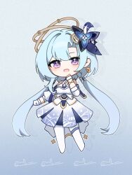 Rule 34 | 1girl, :d, blue background, blue hair, blush, chibi, chinese commentary, commentary request, crescent, dress, du li, earrings, full body, gloves, griseo, griseo (cosmic expression), hair ornament, halo, highres, honkai (series), honkai impact 3rd, jewelry, long hair, looking at viewer, low twintails, open mouth, pantyhose, purple eyes, smile, solo, twintails, very long hair, white dress, white gloves, white pantyhose