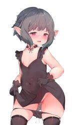 Rule 34 | 1girl, absurdres, avatar (ff14), black collar, black dress, black gloves, black panties, black ribbon, black thighhighs, blush, chinese commentary, clothes lift, collar, commentary, covered navel, dress, dress lift, final fantasy, final fantasy xiv, flat chest, gloves, grey hair, highres, lalafell, lifted by self, looking at viewer, medium hair, nipples, open mouth, panties, panty pull, pink eyes, pointy ears, pussy juice, ribbon, sidelocks, simple background, sleeveless, sleeveless dress, solo, thighhighs, underwear, white background, zhazhapao