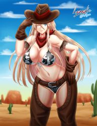 1girl animal_print azur_lane belt bikini bikini_top_only bismarck_(azur_lane) blonde_hair blue_eyes breasts cactus chaps cow_print cowboy_hat front-tie_top gloves hat highres large_breasts long_hair neckerchief shorts smile solo swimsuit thighs very_long_hair