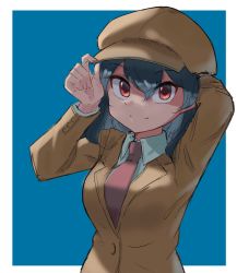 Rule 34 | 1girl, 5alive, adjusting clothes, adjusting headwear, arm behind head, black hair, blue background, border, breasts, brown hat, brown jacket, cabbie hat, closed jacket, closed mouth, commentary request, flat cap, happy, hat, highres, jacket, medium breasts, medium hair, necktie, no wings, pointy ears, red eyes, red necktie, shameimaru aya, shameimaru aya (newsboy), smile, suit jacket, tengu, touhou, upper body, white border