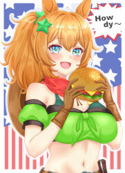 Rule 34 | 1girl, :d, animal ears, bandeau, bare shoulders, bikini, bikini under clothes, blue eyes, blush, breasts, brown gloves, burger, cleavage, commentary request, detached sleeves, food, gloves, hair ornament, hands up, highres, holding, holding food, horse ears, large breasts, long hair, midriff, momomiyaj p, navel, open mouth, orange hair, ponytail, puffy short sleeves, puffy sleeves, short sleeves, smile, solo, star (symbol), star hair ornament, stomach, swimsuit, taiki shuttle (umamusume), umamusume, upper body