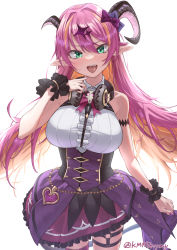Rule 34 | 1girl, armband, asymmetrical horns, blush, bow, breasts, chest harness, collarbone, collared dress, colored inner hair, cowboy shot, demon horns, dress, fang, floating hair, framed breasts, green eyes, hair between eyes, harness, headphones, headphones around neck, highres, holofive, hololive, horn bow, horn ornament, horns, kumamiya, large breasts, looking at viewer, mano aloe, multicolored hair, nail polish, open mouth, orange hair, pink hair, pointy ears, prehensile tail, ribbon, skull collar, smile, solo, sparkle hair ornament, tail, tsurime, two-tone hair, underbust, uneven horns, virtual youtuber, wrist ribbon, wristband