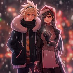 Rule 34 | 1boy, 1girl, black gloves, black hair, blonde hair, blue eyes, blurry, blurry background, breasts, candy cane earrings, christmas, christmas lights, cloud strife, coat, couple, cowboy shot, earmuffs, earrings, final fantasy, final fantasy vii, final fantasy vii remake, fur-trimmed coat, fur-trimmed headwear, fur trim, gloves, hand in pocket, hat, highres, holding hands, jewelry, long hair, looking at another, medium breasts, outdoors, pantyhose, parted lips, red eyes, red headwear, santa hat, scarf, seilidare, single earring, skirt, smile, snow, snowflakes, snowing, spiked hair, swept bangs, tifa lockhart, winter clothes