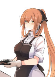 Rule 34 | 10eki (tenchou), 1girl, alternate costume, apron, blush, breasts, brown hair, collared shirt, cookie, food, girls&#039; frontline, green eyes, hair ribbon, hair rings, highres, holding, holding tray, large breasts, long hair, looking at viewer, oven mitts, ponytail, ribbon, shirt, sidelocks, simple background, sleeves rolled up, solo, springfield (girls&#039; frontline), tray, white background, white shirt