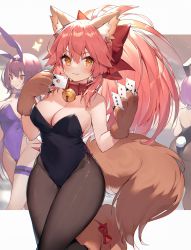 Rule 34 | 3girls, animal ears, animal hands, bell, black legwear, black leotard, bow, bowtie, breasts, card, collar, cowboy shot, detached collar, fake animal ears, fate/extra, fate/grand order, fate (series), fishnet legwear, fishnets, fox ears, fox girl, fox tail, gloves, highres, jingle bell, leotard, long hair, mash kyrielight, medium breasts, multiple girls, muryotaro, official alternate costume, orange eyes, pantyhose, paw gloves, pink hair, playboy bunny, playing card, purple hair, purple leotard, purple neckwear, rabbit ears, rabbit tail, red eyes, scathach (fate), scathach (piercing bunny) (fate), solo focus, tail, tamamo (fate), tamamo cat (fate), wide hips, wrist cuffs