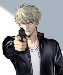 Rule 34 | 1boy, artist name, black jacket, blonde hair, blue eyes, blurry, depth of field, grey background, gun, highres, holding, holding gun, holding weapon, jacket, looking at viewer, male focus, mistermagnolia, open mouth, pointing, pointing at viewer, shirt, short hair, simple background, solo, spy x family, swept bangs, teeth, tongue, twilight (spy x family), two-tone background, upper body, upper teeth only, v-shaped eyebrows, weapon, white background, white shirt