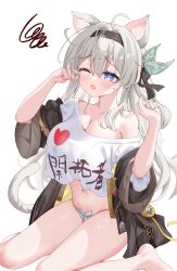 Rule 34 | 1girl, alternate costume, animal ears, black hairband, blue eyes, blush, breasts, cat ears, cat tail, cleavage, cropped shirt, firefly (honkai: star rail), hair between eyes, hair ornament, hairband, hands up, highres, hiyada yuu, honkai: star rail, honkai (series), large breasts, long hair, navel, one eye closed, open mouth, panties, shirt, sidelocks, simple background, single off shoulder, sitting, solo, squiggle, stomach, tail, text print, underwear, wariza, white background, white panties, white shirt