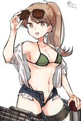 Rule 34 | 1girl, alternate costume, alternate hairstyle, bikini, black shorts, breasts, brown eyes, brown hair, cleavage, commentary request, cowboy shot, eyewear on head, green bikini, highres, kantai collection, large breasts, long hair, looking at viewer, matsunaga (haku), ooi (kancolle), open clothes, open shirt, ponytail, shirt, short shorts, shorts, simple background, solo, sunglasses, swimsuit, thigh strap, torpedo, twitter username, white background, white shirt