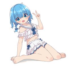Rule 34 | 1girl, :d, aoi tori, arm support, barefoot, bikini, blue bow, blue eyes, blue hair, blush, bow, commentary request, fang, frilled sailor collar, frills, full body, hair between eyes, hand up, highres, layered bikini, leaning back, looking at viewer, navel, open mouth, original, sailor collar, simple background, sitting, smile, solo, swimsuit, v, wariza, white background, white bikini, white sailor collar