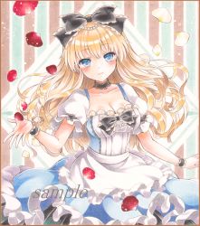 Rule 34 | 1girl, apron, bad id, bad pixiv id, blonde hair, blue dress, blue eyes, border, bow, breasts, choker, cleavage, collarbone, colored pencil (medium), detached sleeves, dress, expressionless, frilled apron, frilled skirt, frills, gem, hair bow, head tilt, lace, lace choker, large breasts, long hair, looking at viewer, marker (medium), open hand, original, pearl (gemstone), petals, potto, potto (minntochan), puffy short sleeves, puffy sleeves, rose petals, sample watermark, short sleeves, skirt, solo, striped, striped background, traditional media, waist apron, watermark, wrist cuffs