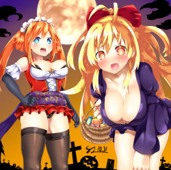 Rule 34 | 2girls, :d, bent over, black gloves, black legwear, black panties, blonde hair, blue eyes, blush, bow, breasts, cleavage, dated, dress, elbow gloves, fang, food, full moon, gloves, hair between eyes, hair bow, hair rings, halloween, halloween costume, happy, highres, kurozero, large breasts, long hair, looking at viewer, maid headdress, medium breasts, moon, multiple girls, neptune (series), open mouth, orange eyes, orange hair, orange heart (neptunia), outdoors, panties, power symbol, power symbol-shaped pupils, pumpkin, purple dress, red bow, red dress, revealing clothes, shin jigen game neptune vii, short dress, skindentation, sleeveless, sleeveless dress, smile, sweets, symbol-shaped pupils, thighhighs, tombstone, twintails, underwear, upskirt, very long hair, yellow eyes, yellow heart (neptunia)