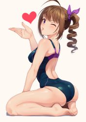 Rule 34 | 1girl, ahoge, bare arms, bare legs, bare shoulders, barefoot, blowing kiss, blush, breasts, brown hair, commentary request, drill hair, feet, from side, full body, hair ribbon, hand up, heart, idolmaster, idolmaster million live!, idolmaster million live! theater days, kamille (vcx68), long hair, looking at viewer, looking to the side, medium breasts, one-piece swimsuit, one eye closed, parted lips, purple eyes, purple ribbon, ribbon, side ponytail, simple background, sitting, soles, solo, swimsuit, toes, wariza, white background, yokoyama nao