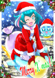 Rule 34 | ;d, blue eyes, blue hair, dress, fur-trimmed dress, fur-trimmed headwear, fur trim, gift bag, gloves, hagoromo lala, hanzou, hat, highres, kneeling, long sleeves, looking at viewer, multicolored hair, one eye closed, open mouth, pointy ears, precure, prunce (precure), red dress, red gloves, red hat, santa costume, santa hat, short dress, short hair, smile, snowflakes, solo, star-shaped pupils, star (symbol), star twinkle precure, streaked hair, symbol-shaped pupils