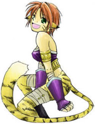 Rule 34 | 1girl, animal ears, artist request, blush, breasts, breath of fire, breath of fire ii, bustier, cat ears, cat tail, claws, facial mark, full body, furry, furry female, gloves, green eyes, lowres, no panties, no pants, open mouth, orange hair, rinpoo chuan, solo, source request, tail
