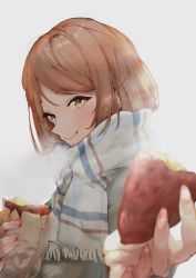 Rule 34 | 1girl, :t, absurdres, brown eyes, debris, eating, enpera, food, foreshortening, highres, hojo karen, holding, holding food, idolmaster, idolmaster cinderella girls, incoming food, looking at viewer, looking to the side, nail polish, orange hair, reaching, reaching towards viewer, sanpo (sanpo 1027), scarf, simple background, smile, solo, steam, sweet potato, upper body, white background