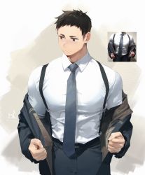 Rule 34 | 1boy, black hair, black jacket, black pants, brown eyes, closed mouth, dadijiji, haikyuu!!, highres, jacket, large pectorals, male focus, muscular, muscular male, necktie, off shoulder, open clothes, open jacket, pants, pectorals, photo-referenced, reference photo, sawamura daichi, shirt, short hair, simple background, solo, suspenders, white shirt