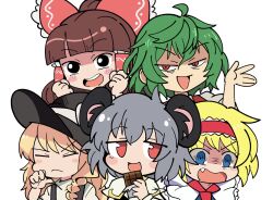 Rule 34 | 5girls, akira (cookie), alice margatroid, animal ears, black eyes, black headwear, black vest, blonde hair, blue eyes, blunt bangs, bow, brown hair, candy, capelet, chocolate, chocolate bar, commentary request, cookie (touhou), fang, food, frilled hair tubes, frilled hairband, frills, green hair, grey hair, hair tubes, hairband, hakurei reimu, hat, highres, ichigo (cookie), kazami yuuka, kirisame marisa, looking at viewer, mouse ears, mouse girl, multiple girls, nazrin, necktie, nyon (cookie), open mouth, red bow, red eyes, red hairband, red necktie, rurima (cookie), shirt, short hair, simple background, smile, sn (zigzagspark6), suzu (cookie), touhou, upper body, v-shaped eyebrows, vest, white background, white capelet, white shirt, witch hat