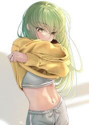 Rule 34 | 1girl, absurdres, blush, breasts, budgiepon, c.c., clothes lift, code geass, commentary, covered mouth, cowboy shot, crossed arms, crossed bangs, dolphin shorts, english commentary, eyelashes, eyes visible through hair, green hair, grey shorts, hair between eyes, hands up, highres, lifting own clothes, long hair, looking at viewer, medium breasts, midriff, navel, nose, scar, scar on stomach, shorts, sidelighting, signature, simple background, solo, sports bra, stomach, straight hair, sweater, sweater lift, very long hair, white background, yellow eyes, yellow sweater