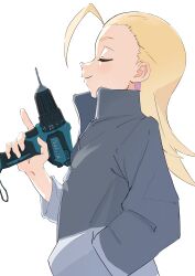 Rule 34 | 1girl, absurdres, ahoge, blonde hair, closed eyes, closed mouth, commentary, do it yourself!!, drill, from side, grey jacket, hair pulled back, hand in pocket, highres, holding, index finger raised, jacket, juliet queen elizabeth viii, long hair, long sleeves, naka1379, simple background, smile, solo, standing, upper body, white background