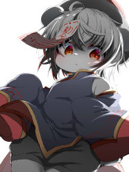 Rule 34 | 1girl, absurdres, backlighting, black shorts, blue dress, blush, china dress, chinese clothes, detached sleeves, dress, female focus, furry, furry female, grey hair, hat, highres, jiangshi, looking at viewer, ne (nefuraito336), original, qingdai guanmao, red eyes, shorts, simple background, sleeves past wrists, solo, white background