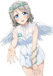 Rule 34 | 10s, 1girl, angel, aqua eyes, bad id, bad pixiv id, blush, breasts, brown hair, cleavage, collarbone, dress, eyebrows, flower, hair flower, hair ornament, hairclip, hand on thigh, head wreath, looking at viewer, love live!, love live! school idol project, love live! sunshine!!, open mouth, see-through, short hair, short sleeves, simple background, solo, suzume miku, teeth, watanabe you, white background, white dress, white wings, wings
