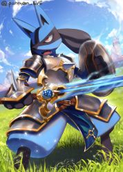Rule 34 | armor, artist name, belt, building, cloud, commentary request, creatures (company), day, fangs, furry, game freak, gauntlets, gen 4 pokemon, glint, grass, highres, holding, holding shield, holding sword, holding weapon, legs apart, lucario, nintendo, open mouth, outdoors, pantheon eve, pokemon, pokemon (creature), red eyes, shield, sky, solo, spikes, standing, sword, tongue, watermark, weapon