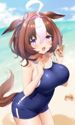 Rule 34 | 1girl, @ @, ahoge, animal ears, beach, black one-piece swimsuit, blue one-piece swimsuit, blush, breasts, brown hair, collarbone, cowboy shot, day, hair between eyes, highres, holding, horse ears, horse girl, horse tail, iwao (pixiv258710), large breasts, meisho doto (umamusume), multicolored hair, ocean, one-piece swimsuit, open mouth, purple eyes, seashell, shell, short hair, solo, swimsuit, tail, thighs, two-tone hair, umamusume, white hair