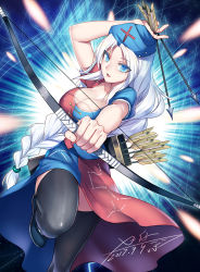 Rule 34 | 1girl, absurdres, arrow (projectile), black thighhighs, blue eyes, blush, bow (weapon), breasts, cleavage, collarbone, dated, highres, holding, holding bow (weapon), holding weapon, large breasts, looking at viewer, open mouth, signature, silver hair, smile, solo, thighhighs, touhou, weapon, x-boy, yagokoro eirin