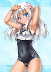 Rule 34 | 1girl, armpits, arms up, black neckwear, blue eyes, blush, bracelet, collarbone, commentary request, covered navel, cowboy shot, crop top, flower, gluteal fold, hair between eyes, hair flower, hair ornament, highres, jewelry, kantai collection, long hair, looking at viewer, one-piece swimsuit, one-piece tan, open mouth, ro-500 (kancolle), roura, sailor collar, school swimsuit, school uniform, serafuku, simple background, solo, standing, swimsuit, swimsuit under clothes, tan, tanline, white hair