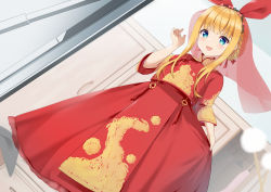 Rule 34 | 1girl, absurdres, blonde hair, blunt bangs, blush, braid, bridal veil, chinese commentary, clothes grab, commentary request, dress, hand up, highres, huge filesize, long dress, long hair, looking at viewer, mononobe alice, nijisanji, open mouth, red dress, sidelocks, smile, solo, standing, veil, virtual youtuber, yimiao