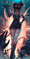 Rule 34 | 1girl, 1other, bare shoulders, black dress, black gloves, black hair, black mask, broken horn, commentary, demon girl, demon tail, dress, ehrrr, elbow gloves, english commentary, gloves, glowing, glowing eyes, hair ornament, hand on own hip, highres, holding, holding tray, horns, mask, medium hair, misery-chan, mouth mask, multicolored background, original, short dress, smile, solo, star (symbol), star hair ornament, tail, thigh strap, tray, twitter username, x hair ornament, yellow eyes