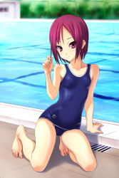 Rule 34 | 1girl, barefoot, blurry, chain-link fence, day, depth of field, feet, fence, flat chest, highres, kneeling, legs, norizou type-r, one-piece swimsuit, original, outdoors, pool, poolside, purple eyes, purple hair, school swimsuit, short hair, solo, swimsuit, toes, water