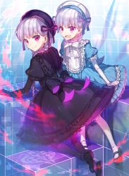 Rule 34 | 10s, 2girls, alice (fate), bad id, bad pixiv id, black dress, blue dress, bow, braid, chocoan, doll joints, dress, fate/extra, fate (series), frills, hair over shoulder, hat, hat ribbon, joints, kneeling, large bow, lolita fashion, long hair, looking at viewer, looking back, mary janes, multiple girls, nursery rhyme (fate), nursery rhyme (fate/grand order), open mouth, pink eyes, ribbon, ringed eyes, shoes, sitting, smile, twin braids, very long hair, white hair