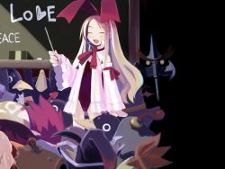 Rule 34 | 00s, 1girl, :d, ^ ^, ahoge, arm ribbon, arms up, bald, bird, black hair, blonde hair, blush, breasts, brown hair, carter (disgaea), chalk, chalkboard, closed eyes, closed mouth, demon girl, demon wings, detached sleeves, disgaea, dress, english text, eraser, eyebrows, facial hair, fang, flonne, flonne (fallen angel), frills, hair ribbon, hairband, happy, harada takehito, hat, heart, holding, leotard, long hair, longinus (disgaea), maderas (disgaea), makai senki disgaea, mini wings, multicolored hair, multiple boys, mustache, neck ribbon, official art, official wallpaper, open clothes, open dress, open mouth, penguin, pointer, pointy ears, polearm, prinny, purple hair, red hair, red leotard, ribbon, short dress, short hair, sidelocks, small breasts, smile, solo focus, spiked hair, standing, stitches, teacher, thick eyebrows, thighhighs, two-tone hair, very long hair, vulcanus (disgaea 1), wavy hair, weapon, white thighhighs, wide sleeves, wings
