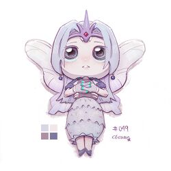 Rule 34 | 1girl, arthropod girl, chibi, chibi only, chiuanzhang, color guide, creatures (company), full body, game freak, gen 1 pokemon, gloves, grey eyes, grey gloves, grey hair, grey skirt, insect girl, insect wings, long hair, lowres, lying, moth girl, moth wings, nintendo, on back, parted lips, personification, pokedex number, pokemon, signature, simple background, skirt, solo, venomoth, white background, wings