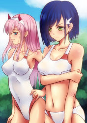 Rule 34 | 10s, 2girls, absurdres, aqua eyes, armpits, bikini, blue hair, breasts, breasts apart, cleavage, company connection, cowboy shot, darling in the franxx, day, embarrassed, from side, frown, green eyes, hair ornament, hairband, hairclip, hand on own hip, highres, horns, ichigo (darling in the franxx), long hair, multiple girls, one-piece swimsuit, outdoors, pink hair, sawwei005, short hair, standing, straight hair, swimsuit, v-shaped eyebrows, wavy mouth, white bikini, white hairband, white one-piece swimsuit, zero two (darling in the franxx)