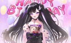 Rule 34 | 1girl, absurdres, artist request, balloon, birthday cake, black choker, black dress, black hair, bow, breasts, cake, choker, collarbone, confetti, cross-laced clothes, cross-laced dress, dress, feather boa, food, happy birthday, highres, large breasts, long hair, moon momo, multicolored hair, open mouth, purple bow, purple eyes, purple hair, purple ribbon, ribbon, sleeves past wrists, solo, strapless, strapless dress, streaked hair, twintails, virtual youtuber, vlyz, wing hair ornament