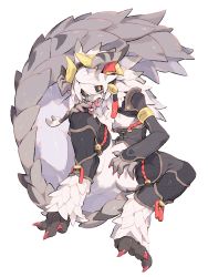 Rule 34 | 1boy, absurdres, armlet, black sclera, claws, colored sclera, colored skin, colored tips, earrings, fangs, feathers, forked tongue, full body, furry, furry male, grey hair, grey horns, grey skin, hair between eyes, hand on own knee, hand up, highres, horns, inu fuji, jewelry, knee up, long hair, long tail, looking at viewer, male focus, multicolored hair, multiple horns, nail polish, open mouth, original, red nails, simple background, sitting, solo, tail, tassel, tassel earrings, tongue, tongue out, white background, white hair, white skin, yellow eyes, yellow horns