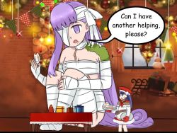 Rule 34 | 2girls, apron, ascot, bandaged arm, bandaged chest, bandaged foot, bandaged hand, bandaged leg, bandaged neck, bandages, blush, bow, bowl, breasts, brick wall, chimney, christmas, christmas ornaments, christmas present, christmas wreath, curtains, dirty, dirty face, fate/extra, fate/extra ccc, fate/grand order, fate (series), garland (decoration), gift, hat, holding, kingprotea (fate), lamp, long hair, martha (fate), martha (santa) (fate), moss, multiple girls, on floor, one eye covered, open mouth, oven mitts, pennant, plate, pouch, purple eyes, purple hair, raskasar, santa costume, scar, sitting, sleigh, small breasts, snowman, sweatdrop, table, tablecloth, tinsel, very long hair, window, wreath