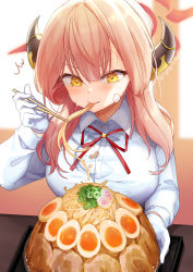 Rule 34 | 1girl, absurdres, aru (blue archive), blonde hair, blue archive, blush, breasts, chopsticks, collared shirt, commentary, dress shirt, eating, food, food in mouth, food on clothes, gloves, halo, highres, holding, holding chopsticks, horns, large breasts, noodles, ramen, red hair, red ribbon, ribbon, shirt, solo, teltelhousi, twitter username, upper body, white gloves, white shirt