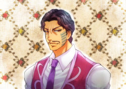 Rule 34 | bad id, bad pixiv id, black hair, daniel j. d&#039;arby, facial hair, floral background, giga omega, jojo no kimyou na bouken, male focus, mustache, necktie, outline, red eyes, solo, tattoo
