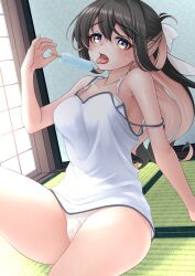 Rule 34 | 1girl, absurdres, breasts, camisole, commentary request, cowboy shot, fang, food, half updo, highres, kantai collection, large breasts, looking at viewer, makura (y makura), naganami (kancolle), panties, popsicle, ribbon, solo, tatami, tongue, tongue out, underwear, white camisole, white panties, white ribbon