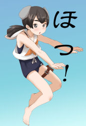 Rule 34 | 1girl, barefoot, black eyes, black hair, black one-piece swimsuit, blue background, blush, bobabo, full body, gradient background, headgear, highres, i-41 (kancolle), kantai collection, looking at viewer, neckerchief, one-piece swimsuit, orange neckerchief, sailor collar, sailor shirt, school swimsuit, shirt, short hair, sleeveless, sleeveless shirt, solo, swimsuit, swimsuit under clothes, thigh strap, white sailor collar