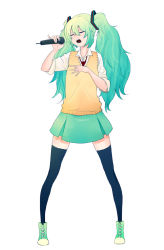 Rule 34 | 1girl, aqua hair, closed eyes, gradient hair, hair between eyes, hand up, mabera, microphone, multicolored hair, music, necktie, open mouth, simple background, singing, skirt, solo, thighhighs, twintails, vest, white background, zettai ryouiki