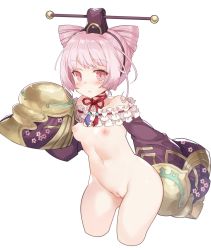Rule 34 | 1girl, atelier (series), atelier sophie, bare shoulders, blush, breasts, brown hat, cleft of venus, collarbone, commentary request, cone hair bun, corneria (atelier), cowboy shot, cropped legs, detached sleeves, hair bun, hat, highres, leaning forward, long sleeves, looking at viewer, navel, nipples, nude, parted lips, pink hair, purple sleeves, pussy, red eyes, revision, simple background, sleeves past fingers, sleeves past wrists, small breasts, solo, tsudero, white background