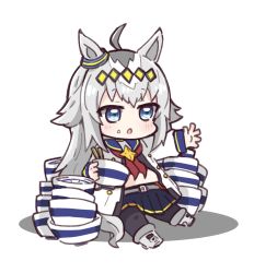 Rule 34 | 1girl, :o, ahoge, animal ears, black pantyhose, black shirt, black skirt, blue eyes, blue sailor collar, blush, boots, bowl, chibi, chopsticks, commentary request, food, food on face, full body, grey footwear, grey hair, highres, holding, holding bowl, horse ears, horse girl, horse tail, jacket, multicolored hair, navel, neckerchief, nozo (hitomiz), oguri cap (umamusume), open clothes, open jacket, pantyhose, parted lips, pleated skirt, red neckerchief, rice bowl, sailor collar, shadow, shirt, skirt, solo, tail, two-tone hair, umamusume, white background, white hair, white jacket
