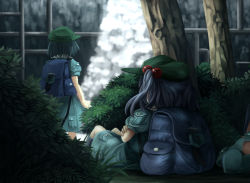 Rule 34 | 2girls, akaiha (akaihagusk), backpack, bad id, bad pixiv id, bag, blue footwear, blue hair, boots, bow, dark haired kappa, from behind, hair bow, hair ornament, hat, kappa mob (touhou), kawashiro nitori, multiple girls, nature, puffy sleeves, rubber boots, shirt, short hair, short sleeves, sitting, skirt, skirt set, touhou, tree, twintails, two side up, water, waterfall