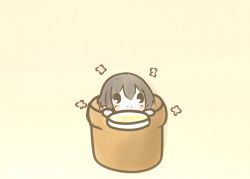 Rule 34 | 1girl, beige background, black hair, blush, chibi, flower knight girl, flower pot, holding, holding plate, in container, koti, looking at viewer, night phlox (flower knight girl), petals, plate, smile, solid oval eyes, solo