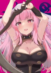 Rule 34 | 1girl, :d, absurdres, armpits, arms up, bare shoulders, black choker, black dress, breasts, choker, cleavage, collarbone, dress, highres, holding, holding scythe, hololive, hololive english, large breasts, long hair, looking at viewer, mori calliope, mushpz, nail polish, open mouth, pink hair, red eyes, scythe, sleeveless, sleeveless dress, smile, solo, tiara, upper body, v-shaped eyebrows, virtual youtuber, weapon