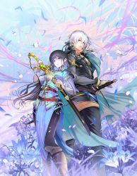 Rule 34 | 1boy, 1girl, back-to-back, black hair, black pantyhose, blue flower, boots, braid, breasts, brown footwear, character request, closed mouth, cover image, cross-laced footwear, feet out of frame, flower, hair between eyes, highres, holding, holding sword, holding weapon, knee boots, koishita hito wa imouto no kawari ni shinde kure to itta., lace-up boots, light blush, long hair, long sleeves, looking at viewer, medium breasts, novel illustration, official art, pantyhose, pelvic curtain, petals, purple eyes, purple flower, scabbard, second-party source, sheath, standing, sword, textless version, toyota saori, unsheathing, weapon, wind
